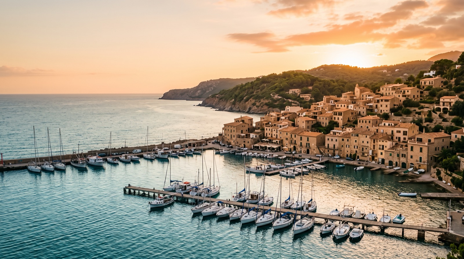A coastal harbor town glowing in late-afternoon light