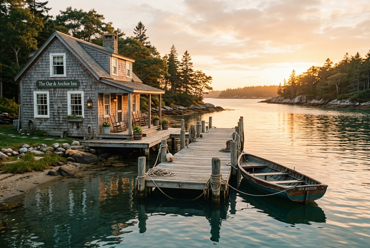 A vintage harborside inn and dock in warm golden light