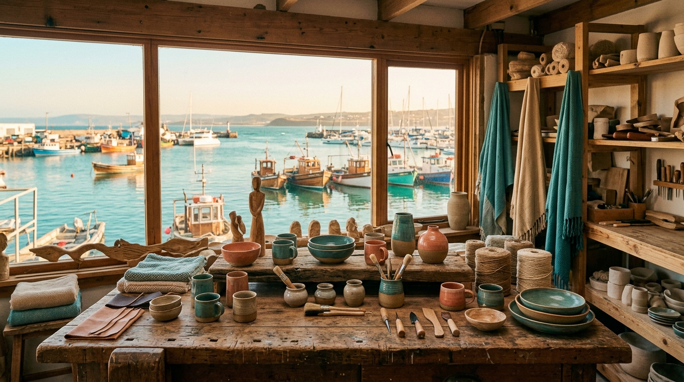 A local maker photographed on location in a sunlit harborside workshop
